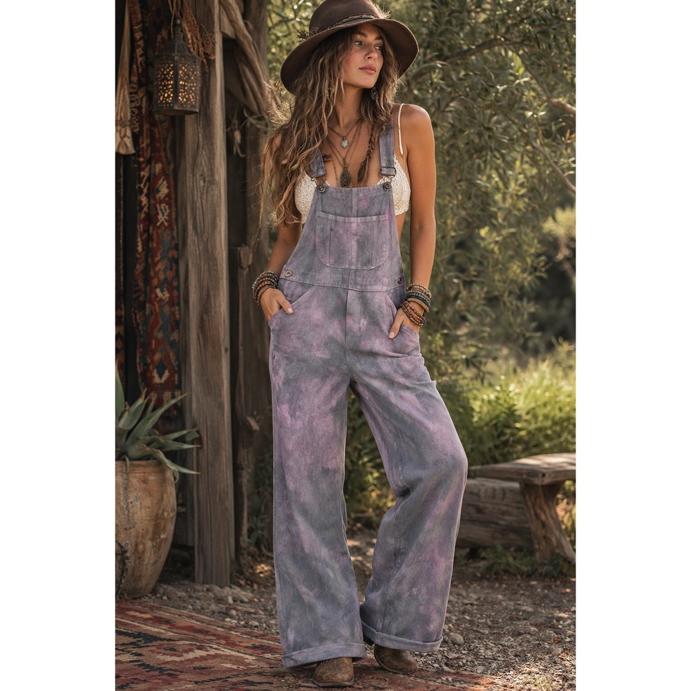 Fauxy Painter Womens Tie Dye Denim Overalls L Wide Leg Unixes Boho Indie Grunge